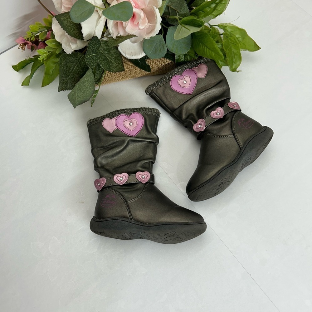 Black Kids Boots with Pink Heart Accents